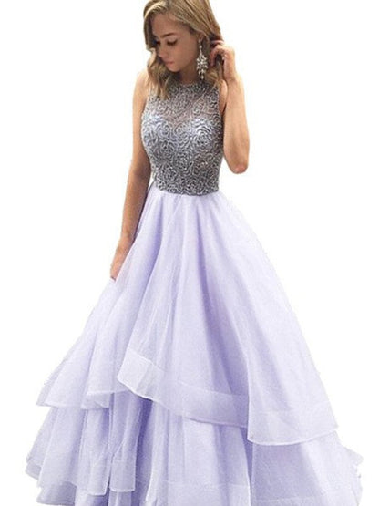 Vestidos de fiesta de organza con cuentas, sin mangas y escote redondo hasta el suelo