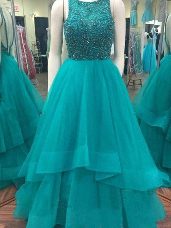 Vestidos de fiesta de organza con cuentas, sin mangas y escote redondo hasta el suelo