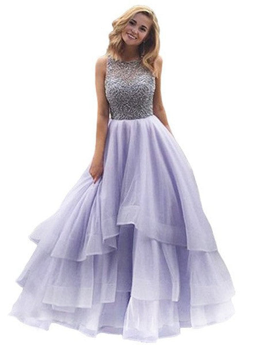 Vestidos de fiesta de organza con cuentas, sin mangas y escote redondo hasta el suelo