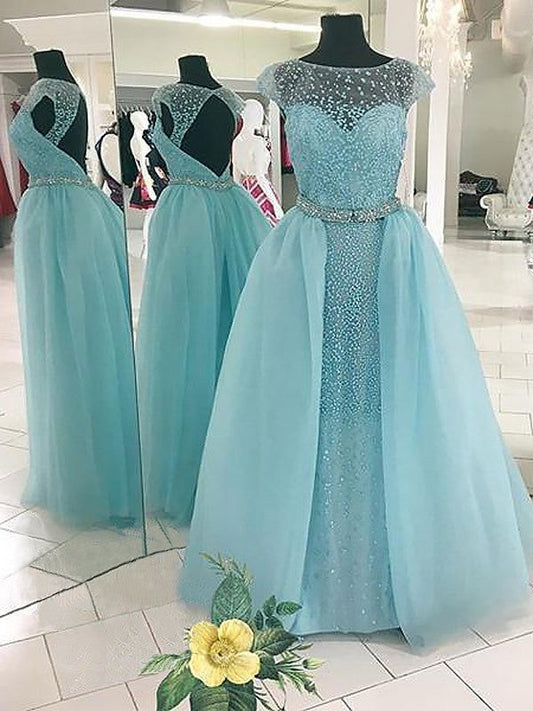 Vestidos de fiesta de tul con escote barco, sin mangas y con cuentas hasta el suelo