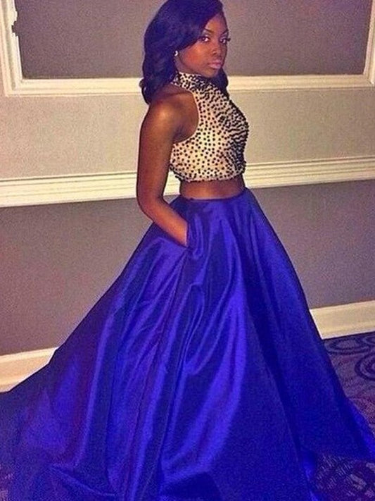 Vestido de fiesta de dos piezas de tafetán con cuentas y cuello halter sin mangas