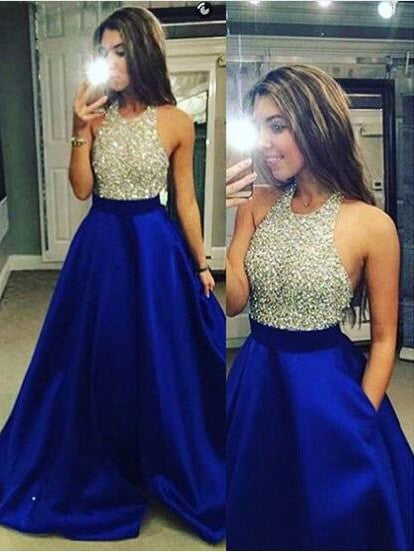 Vestidos de fiesta sin mangas con cristales y joya de satén hasta el suelo