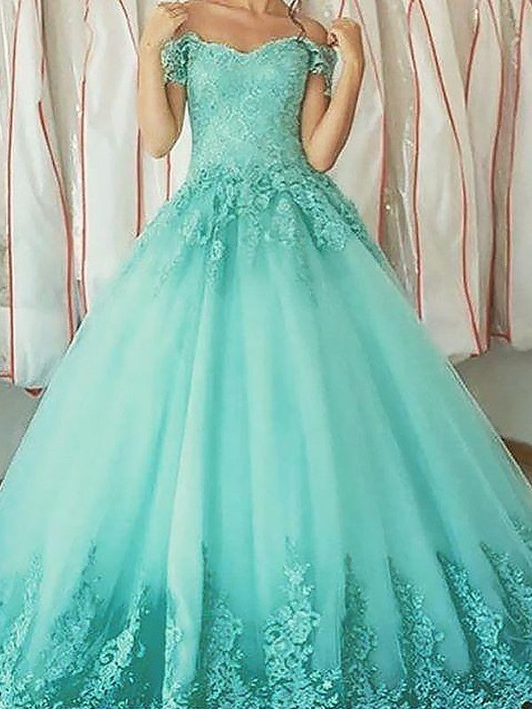 Vestidos de fiesta de tul con apliques, sin mangas y hombros descubiertos hasta el suelo