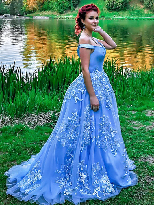 Vestidos de fiesta de tul con apliques y hombros descubiertos, sin mangas y con vestido de baile