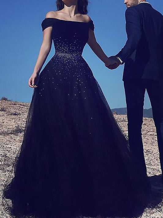 Vestidos de fiesta de tul con cuentas y hombros descubiertos, sin mangas y con vestido de baile