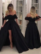 Duchesse-Linie Ärmellos Off-the-Shoulder Spitze Satin Ballkleider