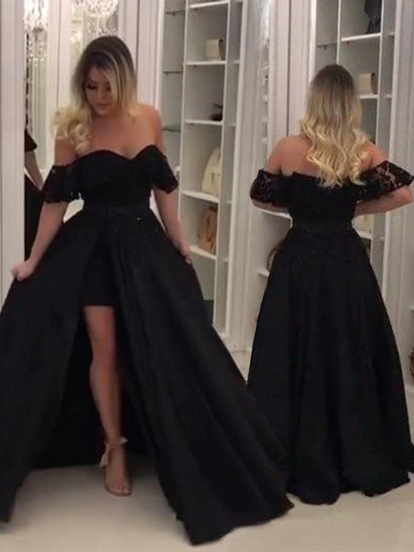 Vestidos de fiesta de satén con encaje y hombros descubiertos, sin mangas y con vestido de baile