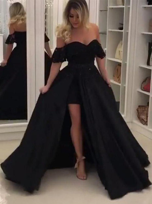 Vestidos de fiesta de satén con encaje y hombros descubiertos, sin mangas y con vestido de baile