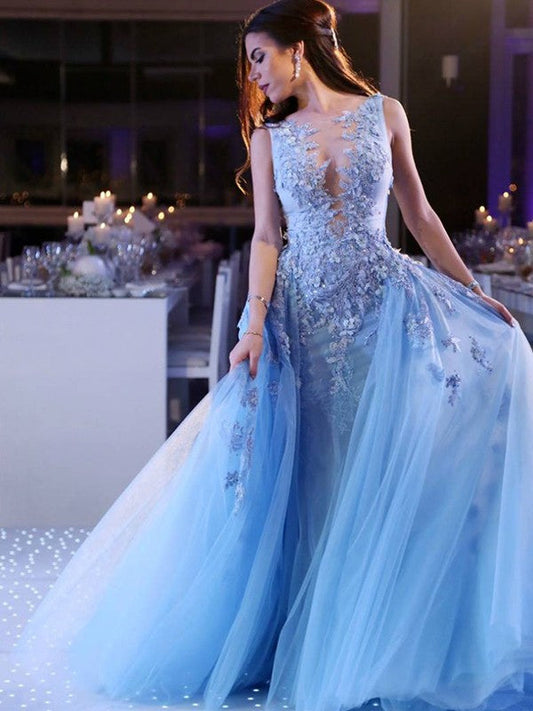 Vestidos de fiesta de tul con apliques y escote redondo sin mangas