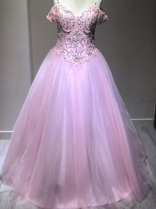 Vestido de fiesta sin mangas con tirantes finos, tul y cristales hasta el suelo