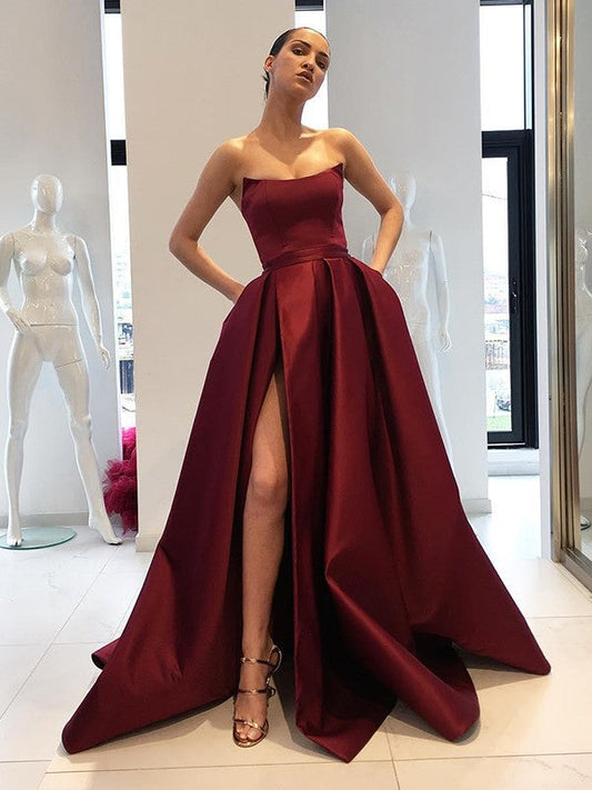 Vestidos de fiesta de satén con volantes, sin mangas y sin tirantes