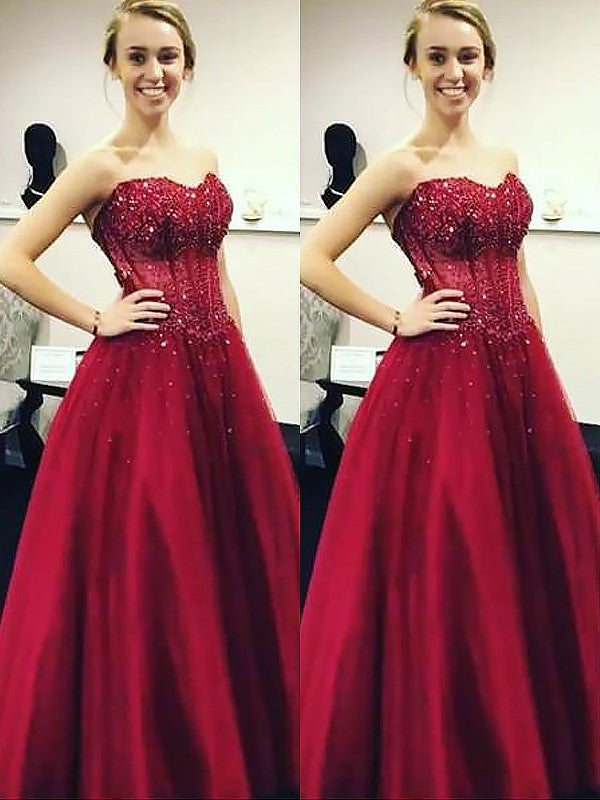 Duchesse-Linie Ärmellos Herzausschnitt Perlen verziert Bodenlang Satin Ballkleider
