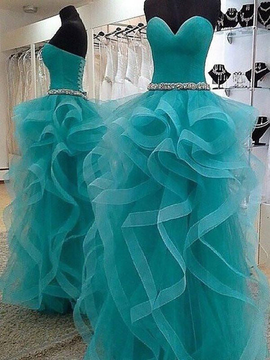 Vestidos de fiesta de tul hasta el suelo con escote corazón, sin mangas y cuentas