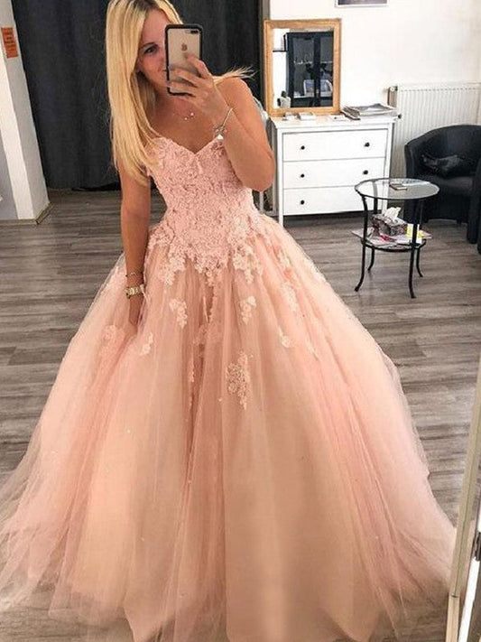 Vestidos de fiesta de tul con apliques y escote corazón sin mangas y largo hasta el suelo