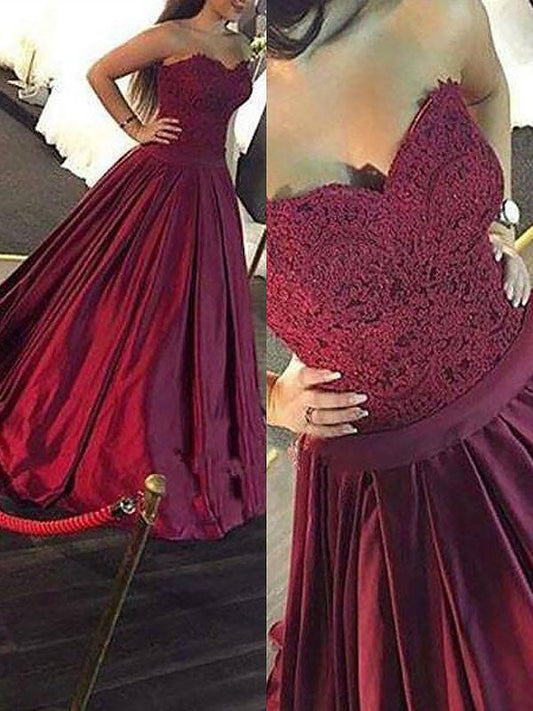 Vestidos de fiesta de satén con escote corazón, sin mangas y encaje hasta el suelo
