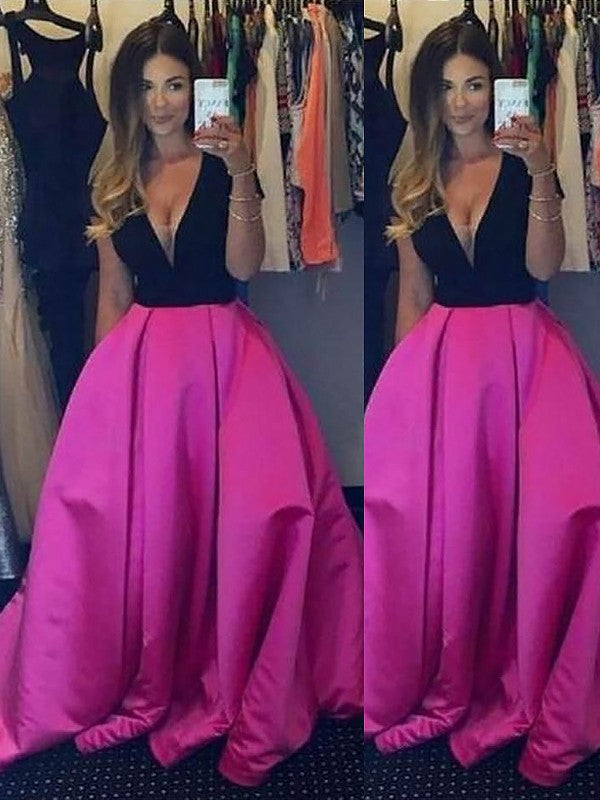 Ball Gown Sleeveless V-neck Ruffles Floor-Length Satin Prom Dresses
