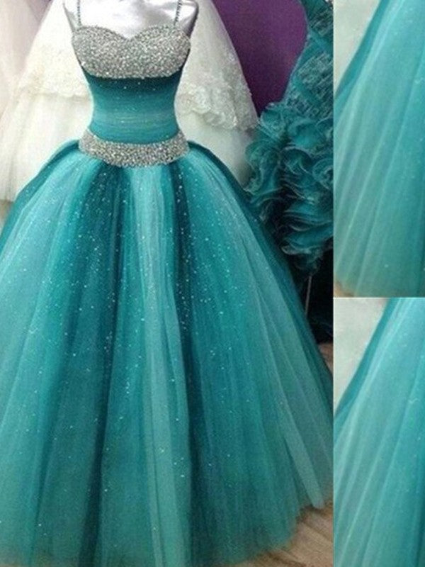 Vestidos de fiesta largos hasta el suelo con tul y cuentas, sin mangas y tirantes finos