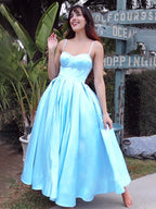 Ballkleid Spaghettiträger Ärmellos Satin Rüschen Wadenlang Homecoming Ballkleider