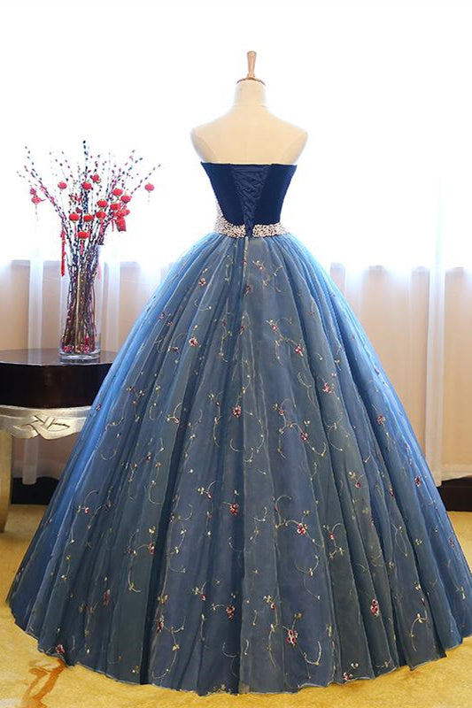 Ballkleid Trägerlos Stickerei Perlen Dunkelblau Formale Ballkleider