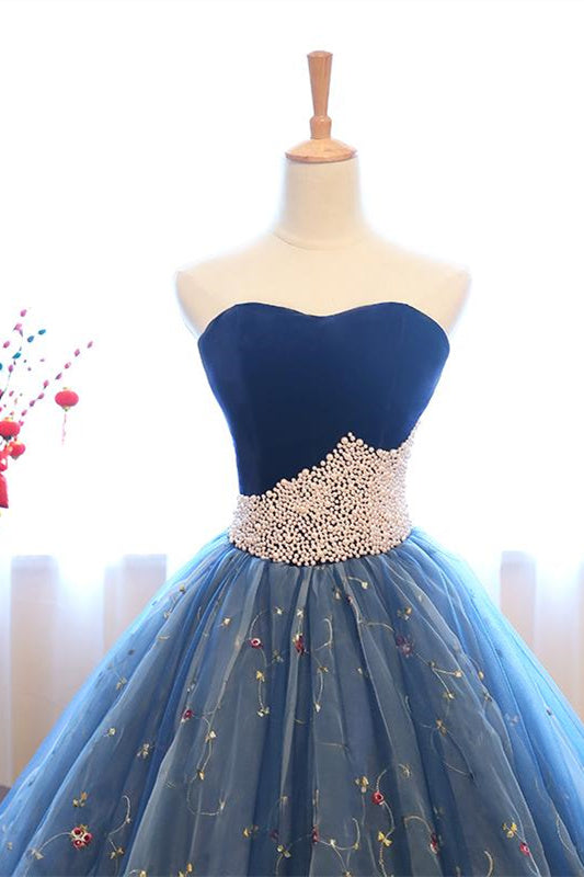 Ballkleid Trägerlos Stickerei Perlen Dunkelblau Formale Ballkleider