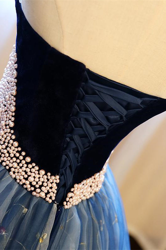 Ballkleid Trägerlos Stickerei Perlen Dunkelblau Formale Ballkleider