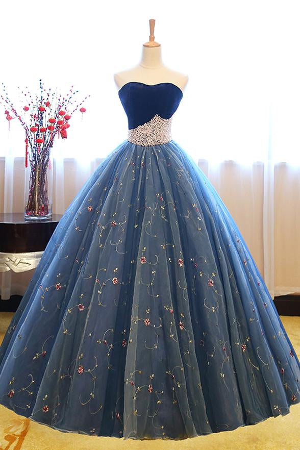 Ballkleid Trägerlos Stickerei Perlen Dunkelblau Formale Ballkleider