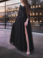 Ballkleid Tüll Lange Ärmel Applikationen Off-the-Shoulder Bodenlang Ballkleider