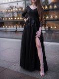 Ballkleid Tüll Lange Ärmel Applikationen Off-the-Shoulder Bodenlang Ballkleider