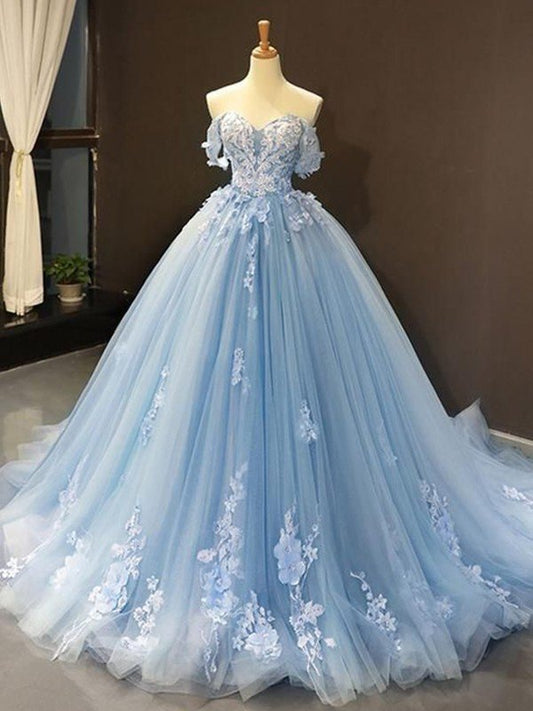 Vestidos de fiesta de tul con hombros descubiertos, sin mangas y apliques
