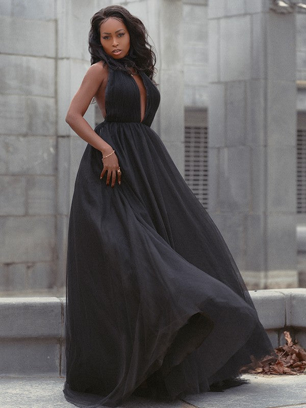 Vestido de fiesta de tul con volantes, escote en V, sin mangas, cola de corte
