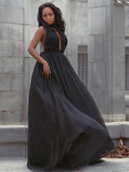 Vestido de fiesta de tul con volantes, escote en V, sin mangas, cola de corte
