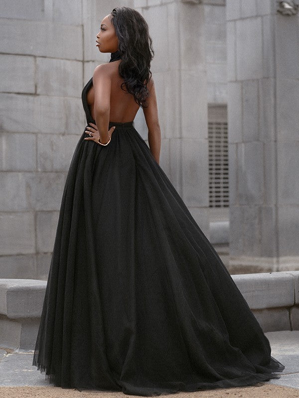 Vestido de fiesta de tul con volantes, escote en V, sin mangas, cola de corte