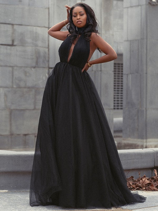 Vestido de fiesta de tul con volantes, escote en V, sin mangas, cola de corte