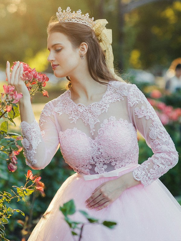 Ballkleid Tüll U-Ausschnitt Spitze Lange Ärmel Ballkleider