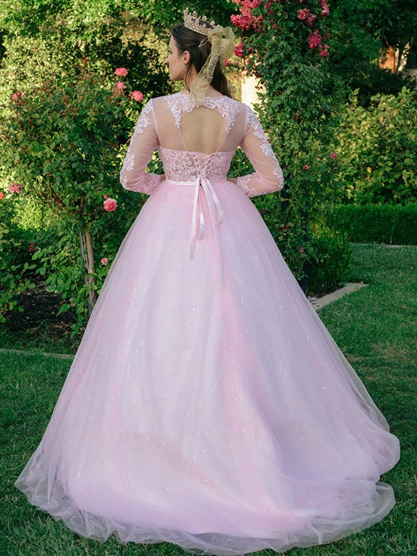 Ballkleid Tüll U-Ausschnitt Spitze Lange Ärmel Ballkleider