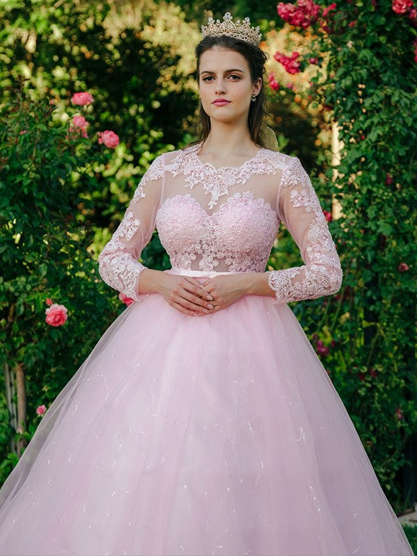 Ballkleid Tüll U-Ausschnitt Spitze Lange Ärmel Ballkleider