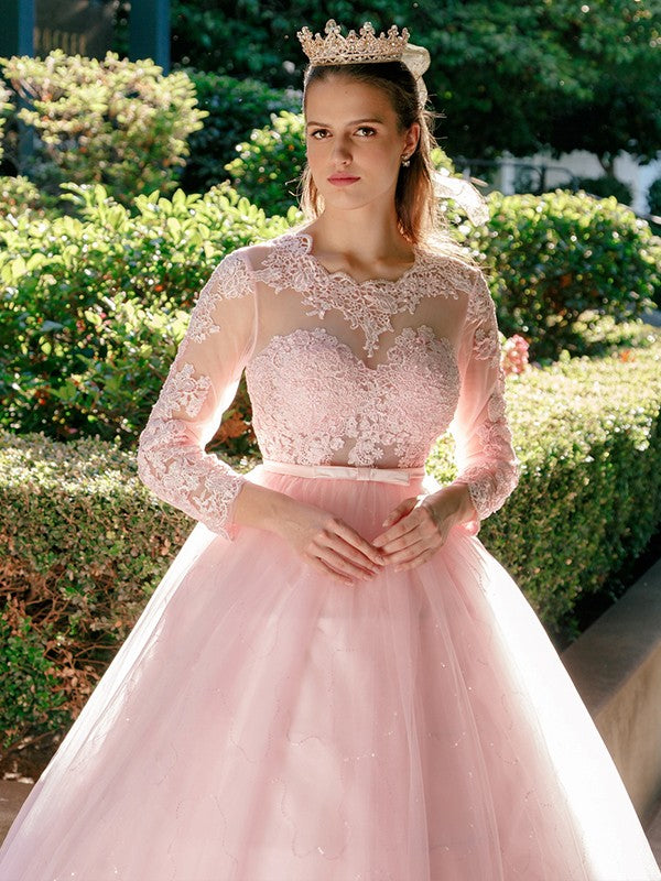 Ballkleid Tüll U-Ausschnitt Spitze Lange Ärmel Ballkleider