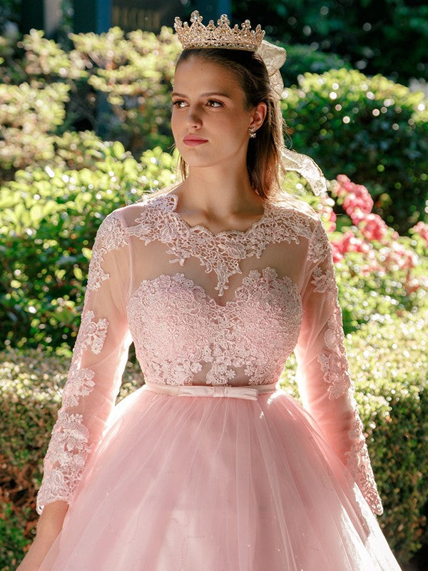 Ballkleid Tüll U-Ausschnitt Spitze Lange Ärmel Ballkleider