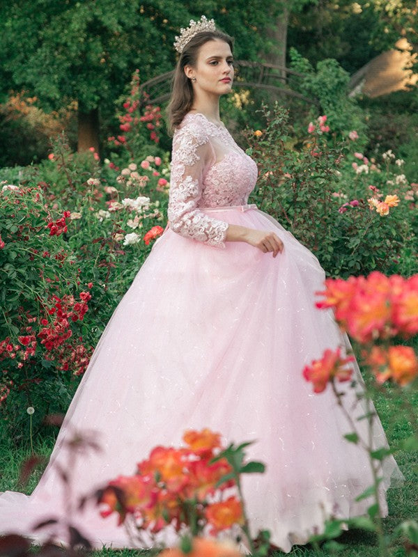 Ballkleid Tüll U-Ausschnitt Spitze Lange Ärmel Ballkleider