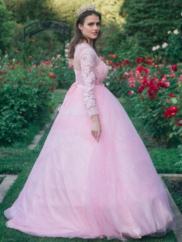 Ballkleid Tüll U-Ausschnitt Spitze Lange Ärmel Ballkleider