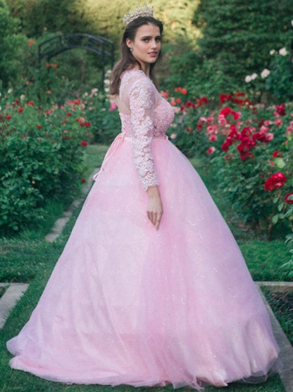 Ballkleid Tüll U-Ausschnitt Spitze Lange Ärmel Ballkleider