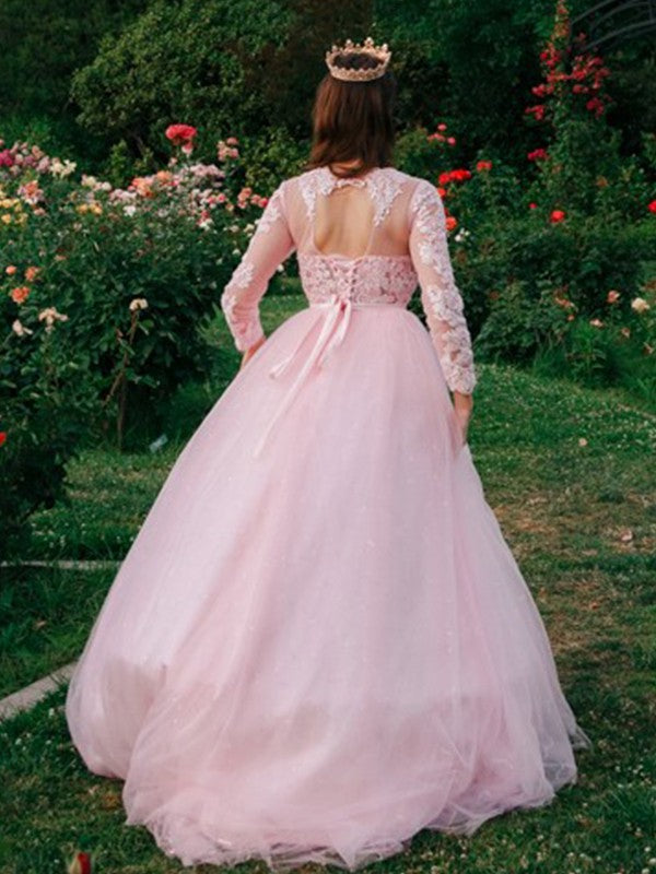 Ballkleid Tüll U-Ausschnitt Spitze Lange Ärmel Ballkleider