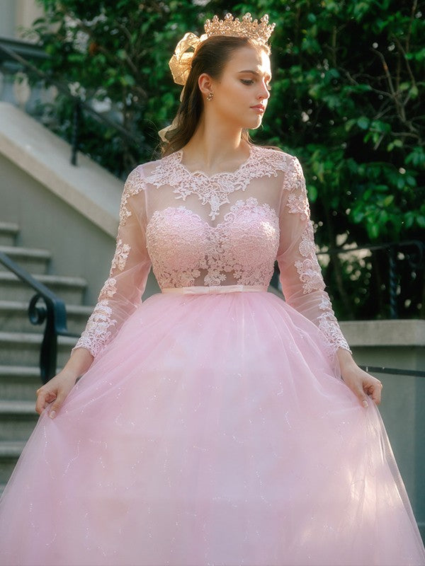 Ballkleid Tüll U-Ausschnitt Spitze Lange Ärmel Ballkleider
