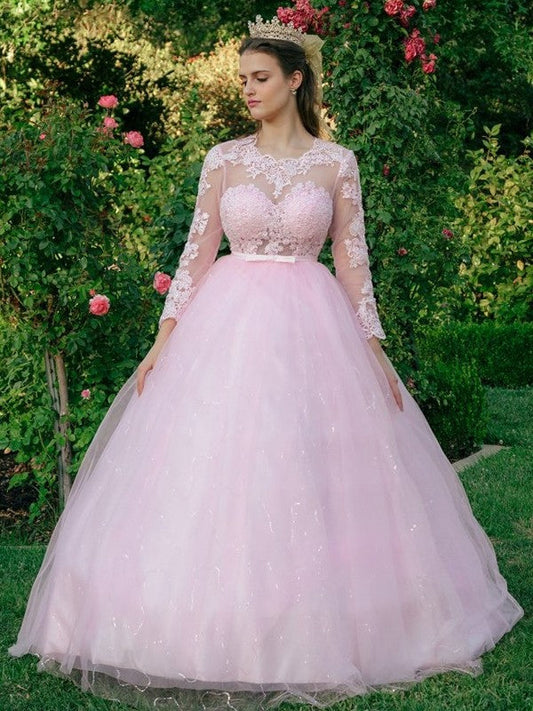 Vestidos de fiesta de tul con escote redondo y encaje y mangas largas