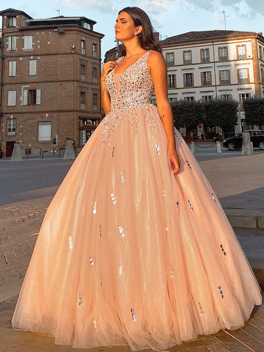 Vestido de fiesta de tul con escote en V, cuentas, sin mangas y largo hasta el suelo