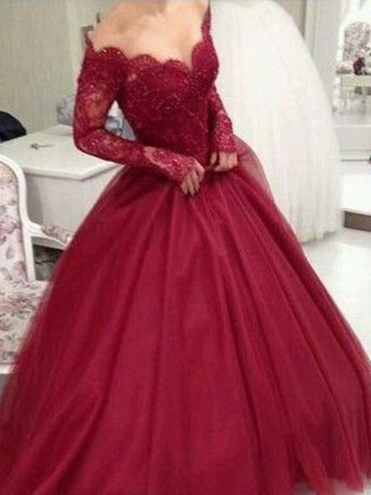 Vestido de fiesta de tul con encaje, mangas largas y escote en V hasta el suelo
