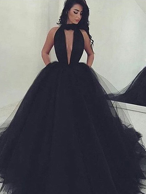 Vestidos de fiesta de tul con escote en V, sin mangas y cola de corte