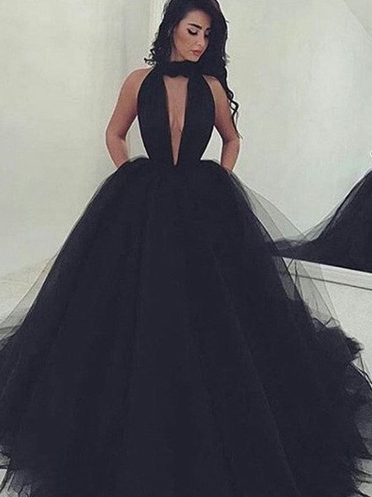 Vestidos de fiesta de tul con escote en V, sin mangas y cola de corte