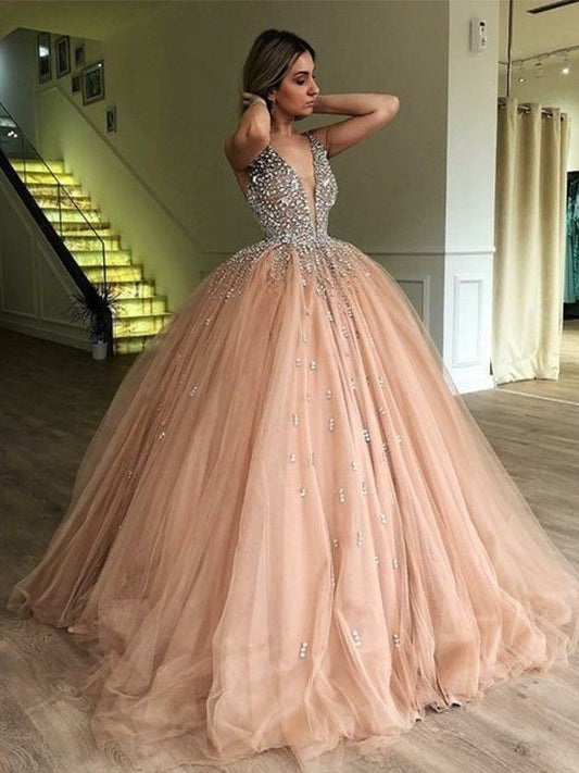 Vestidos de fiesta de tul con cuentas, sin mangas, escote en V y largo hasta el suelo