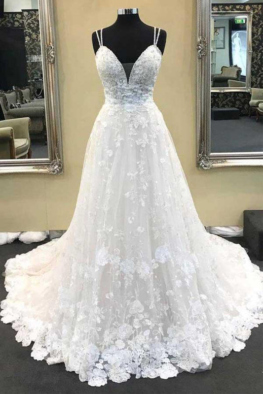 Vestido de novia largo con escote en V y tirantes finos en color marfil con encaje WD331